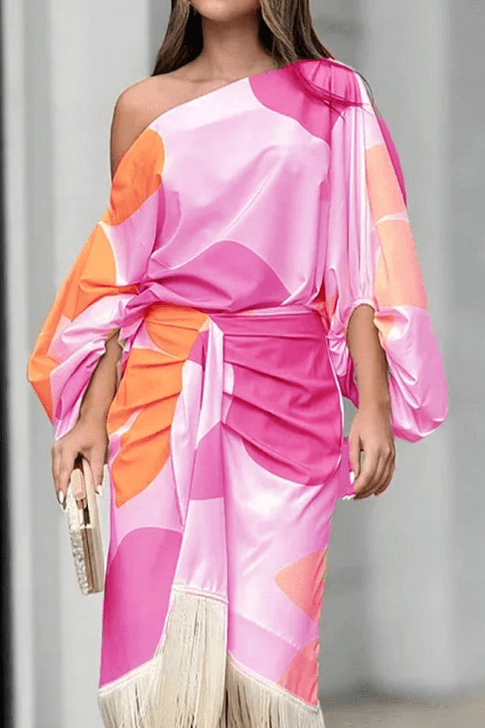 Pink Women's One Shoulder Midi Dress - Mariska, close view of the off shoulder printed bodice