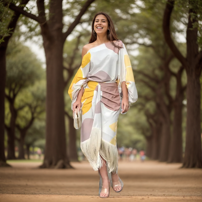 Yellow Women's One Shoulder Midi Dress - Mariska, front view of the printed fringe hem dress