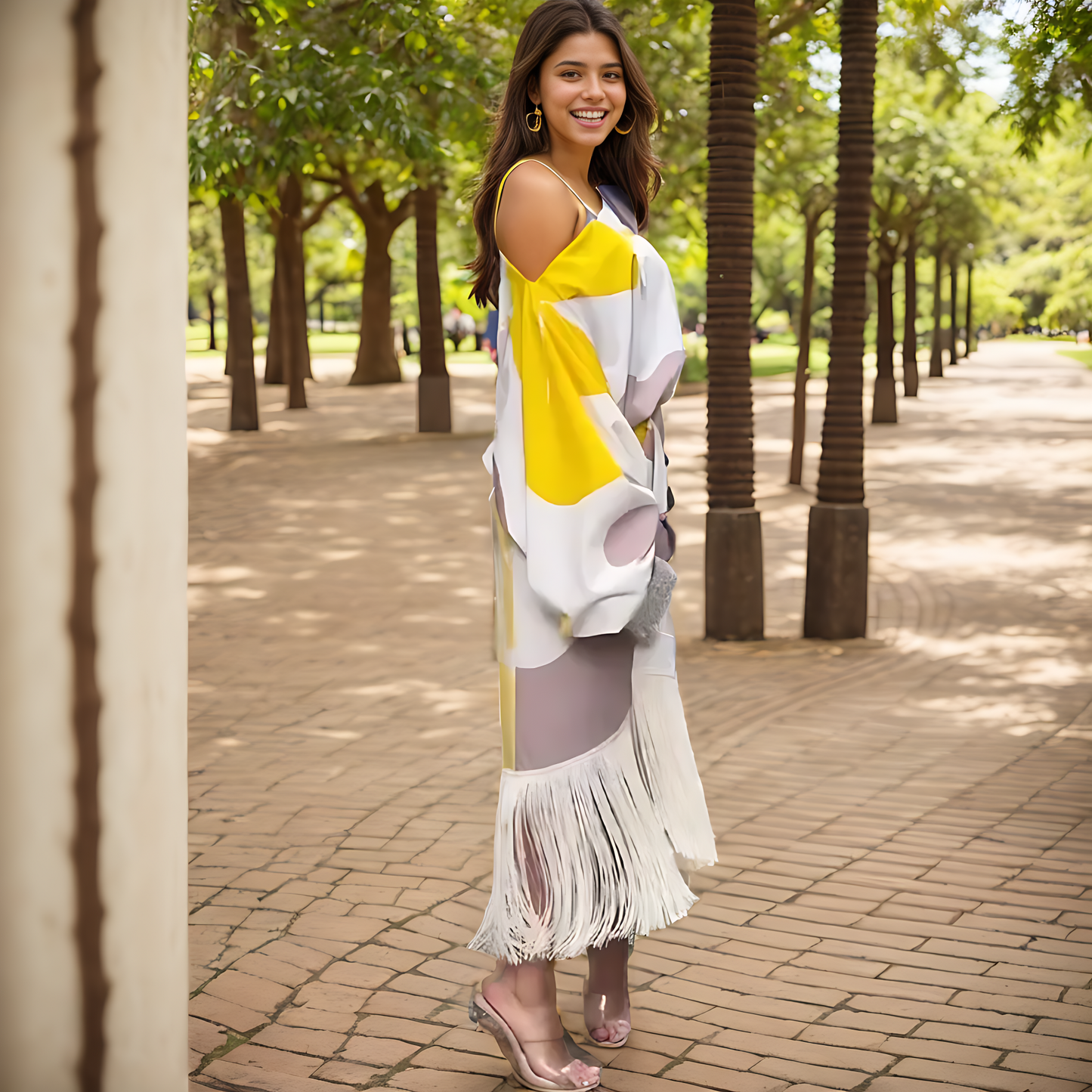Yellow Women's One Shoulder Midi Dress - Mariska seen from the side, off shoulder printed design