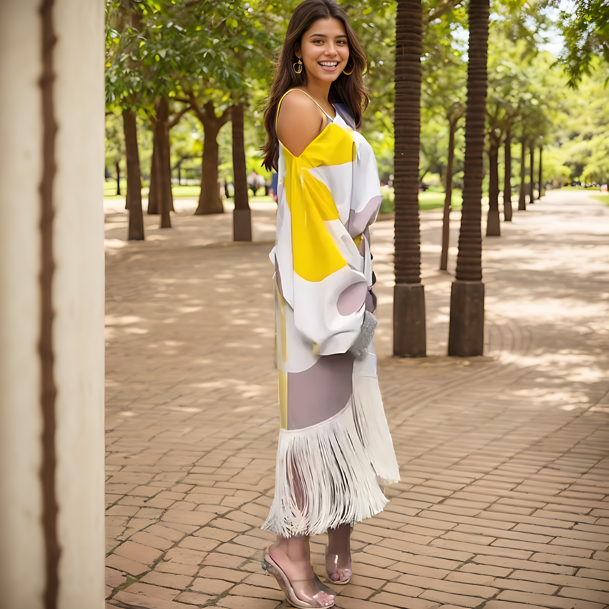 Yellow Women's One Shoulder Midi Dress - Mariska seen from the side, off shoulder printed design