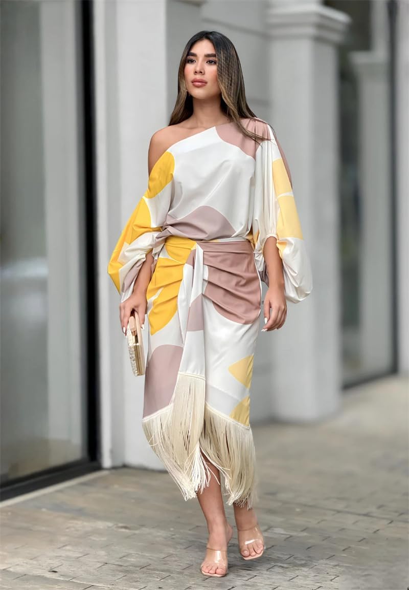 Yellow Women's One Shoulder Midi Dress - Mariska, off shoulder print with ruched skirt, front view