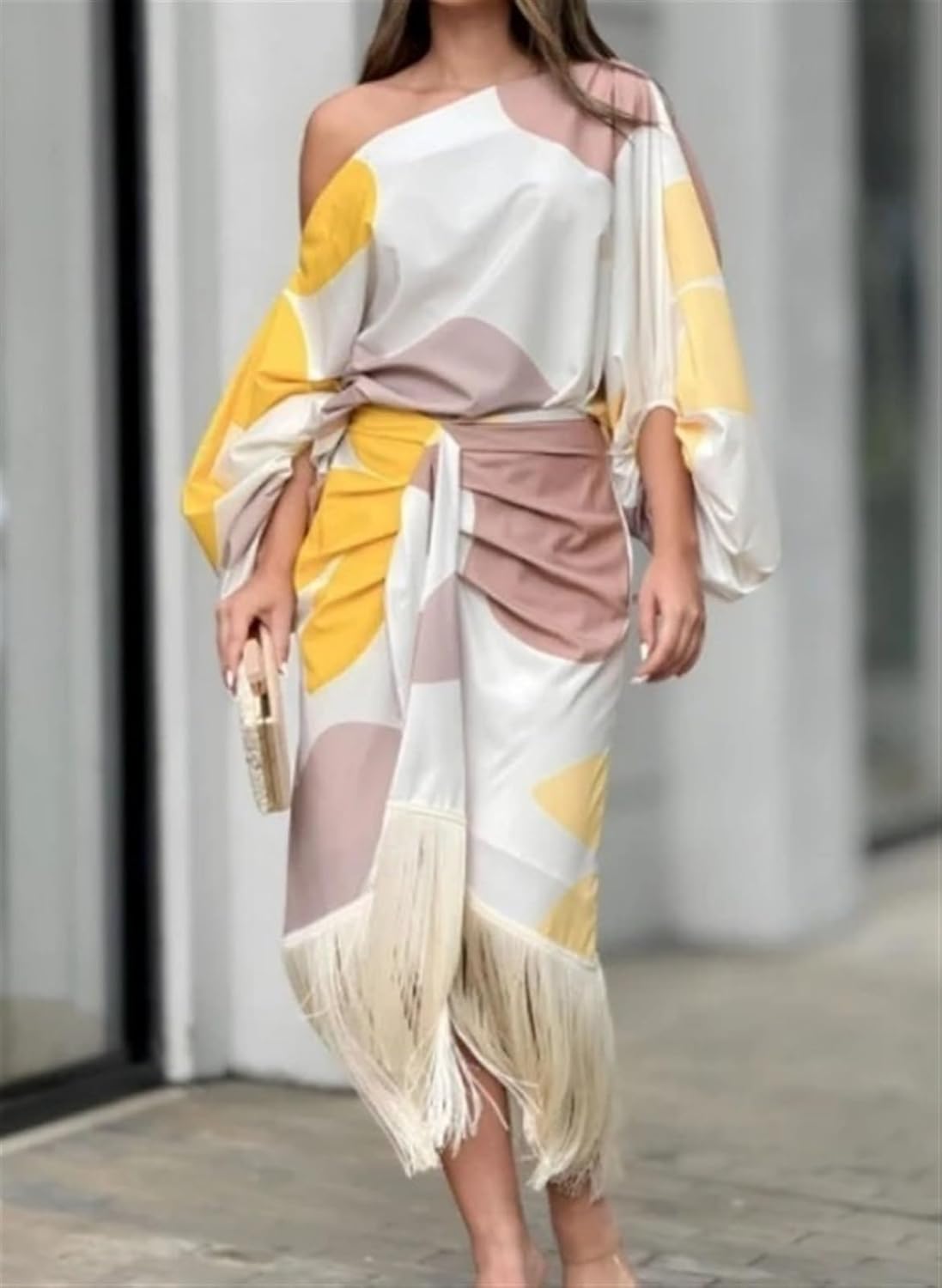 Yellow Women's One Shoulder Midi Dress - Mariska, close front view of the off shoulder bodice