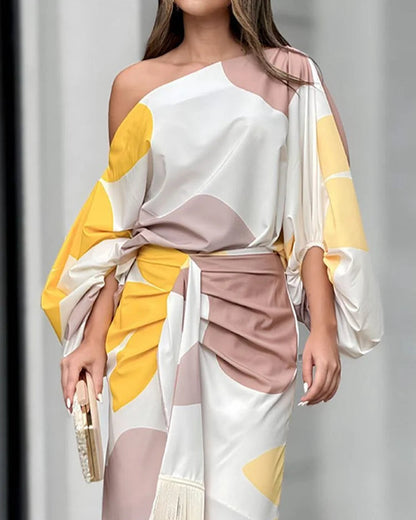 Yellow Women's One Shoulder Midi Dress - Mariska, detail of the balloon sleeve and ruched waist
