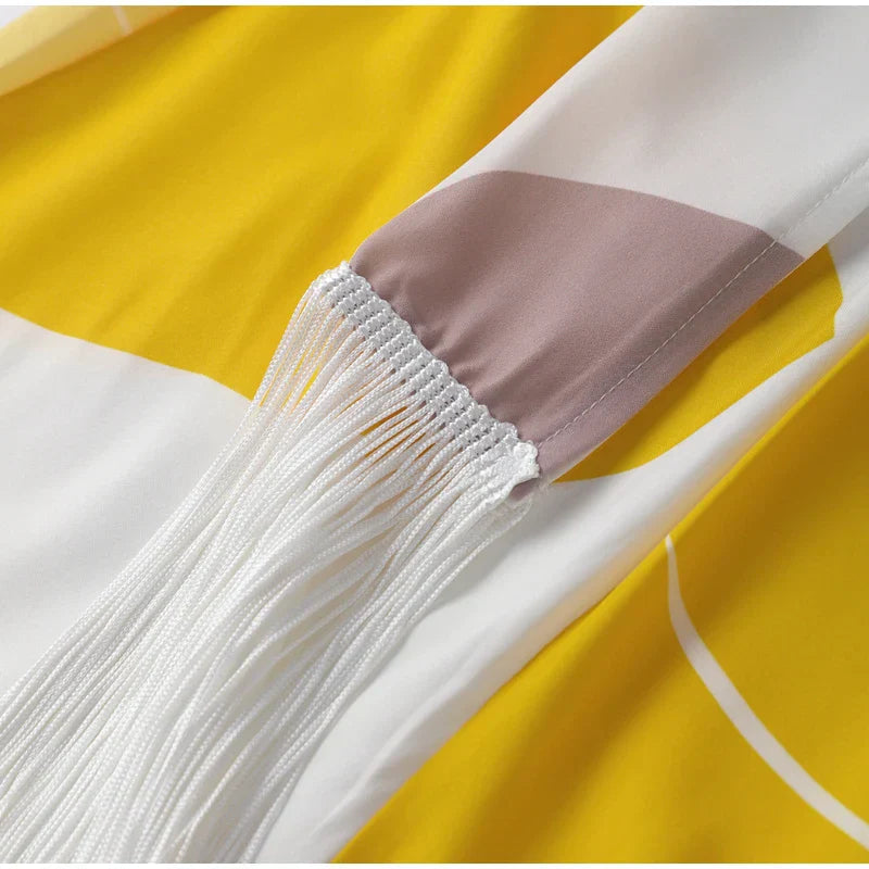 Yellow Women's One Shoulder Midi Dress - Mariska, macro close-up of the ivory fringe trim