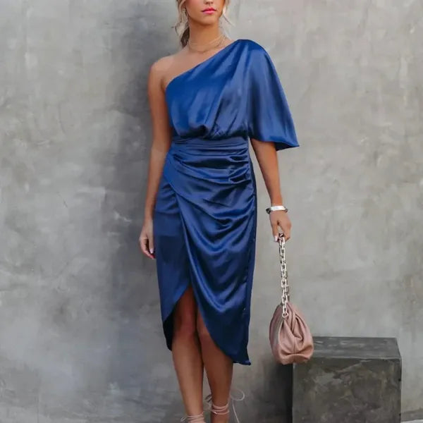 Blue One Shoulder Satin Dress front view with draped sleeve and gathered waist