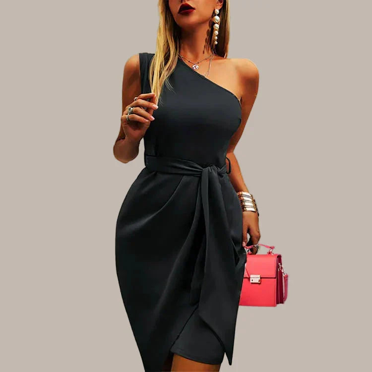 Black Women's One Shoulder Midi Dress - Betty, asymmetric tie waist bodycon, front view on model