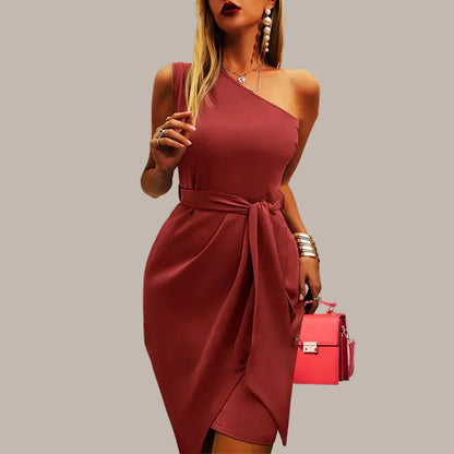 Red Women's One Shoulder Midi Dress - Betty, asymmetric tie waist bodycon, front view on model