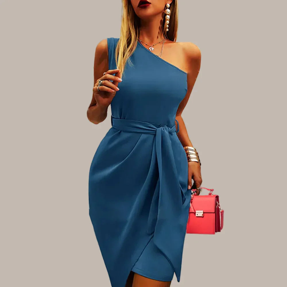 Teal Blue Women's One Shoulder Midi Dress - Betty, asymmetric tie waist bodycon, front view
