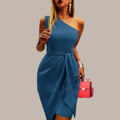 Teal Blue Women's One Shoulder Midi Dress - Betty, asymmetric tie waist bodycon, front view