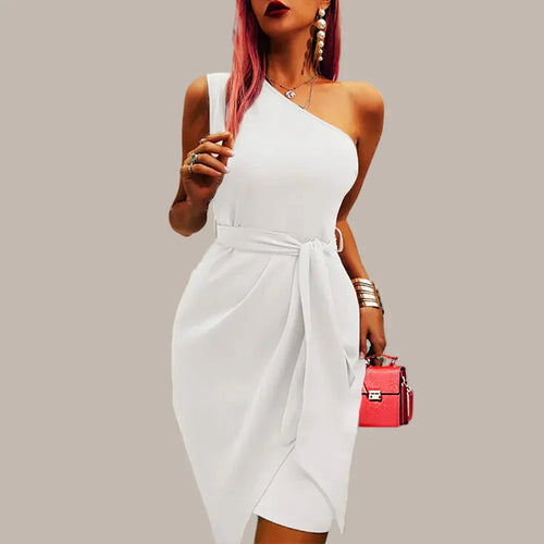 White Women's One Shoulder Midi Dress - Betty, asymmetric tie waist bodycon, front view on model
