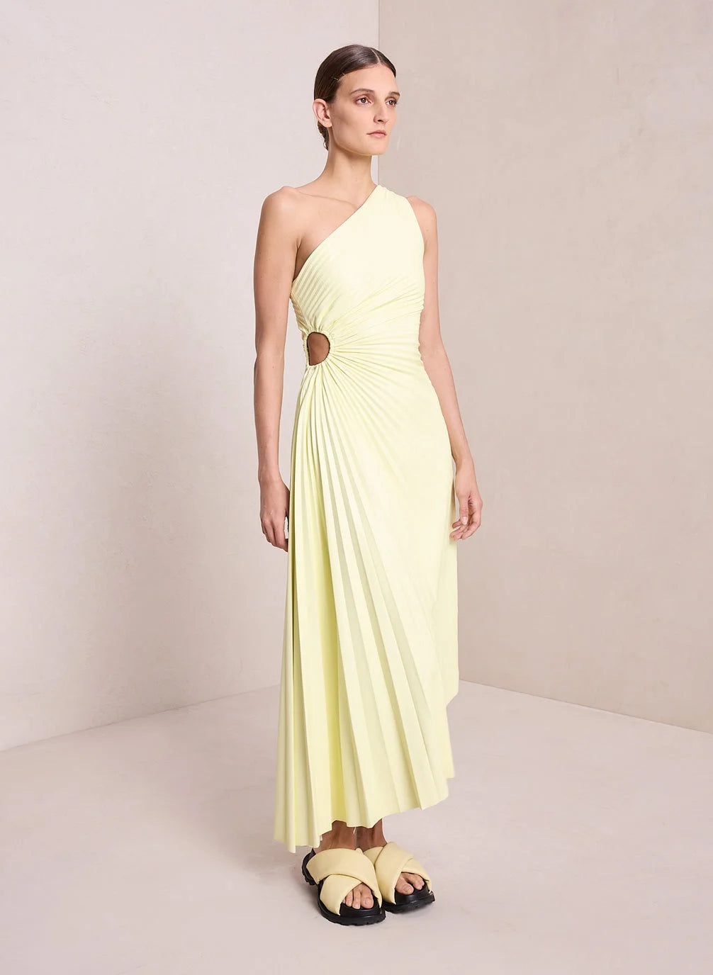 Inka one-shoulder pleated maxi dress in beige, soft front view on model