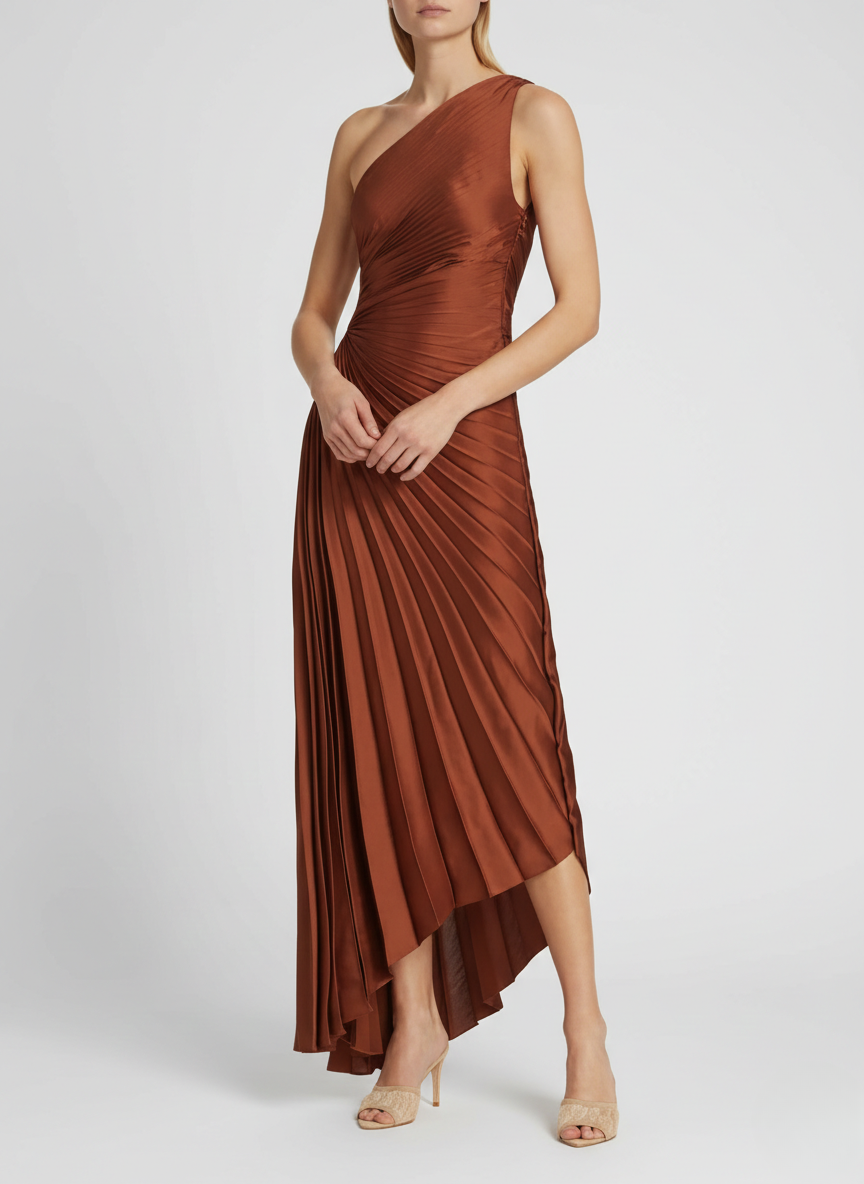 Inka caramel one-shoulder pleated maxi dress, front view with satin sheen