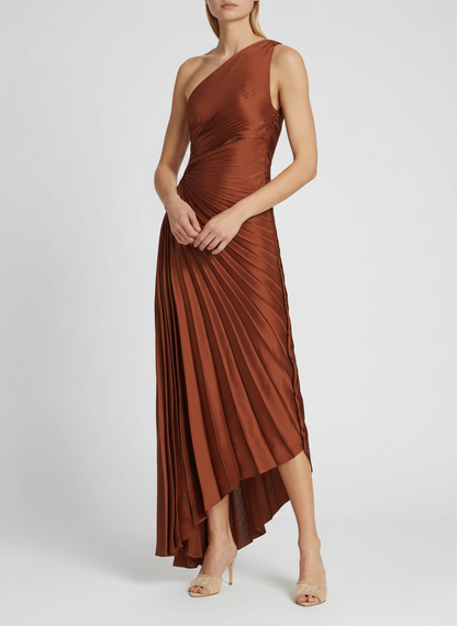 Inka caramel one-shoulder pleated maxi dress, front view with satin sheen