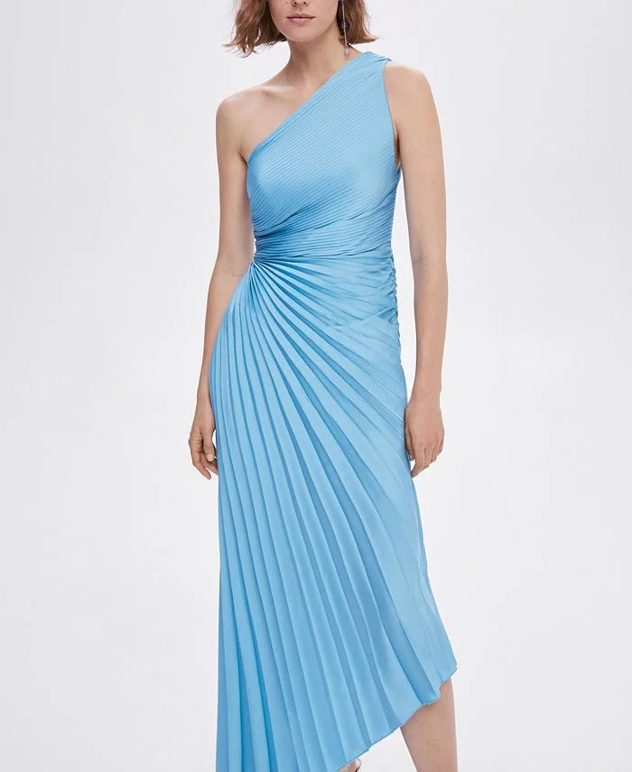 Inka one-shoulder pleated maxi dress in light blue, front view on model
