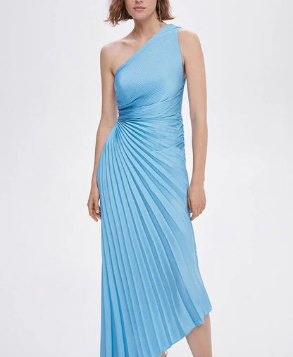 Inka one-shoulder pleated maxi dress in light blue, front view on model