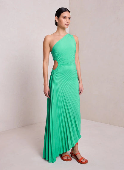 Inka one-shoulder pleated maxi dress in mint green, front view on model