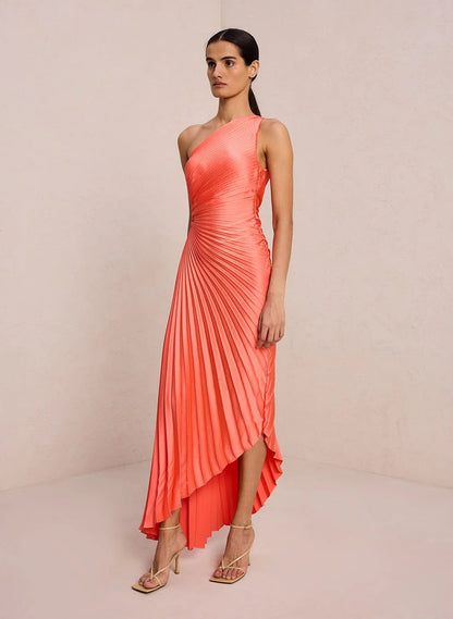 Inka one-shoulder pleated maxi dress in orange red, three-quarter front view