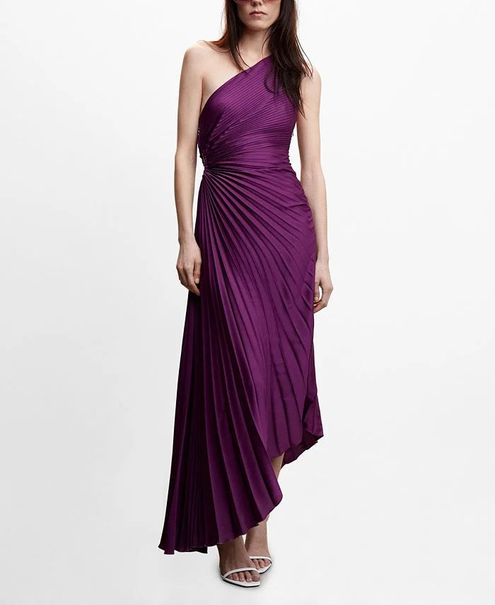 Inka purple one-shoulder pleated maxi dress, front view with draped waist