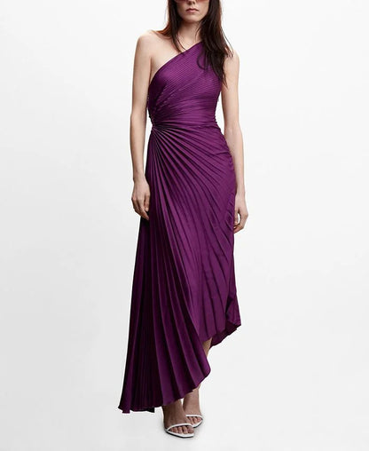 Inka purple one-shoulder pleated maxi dress, front view with draped waist