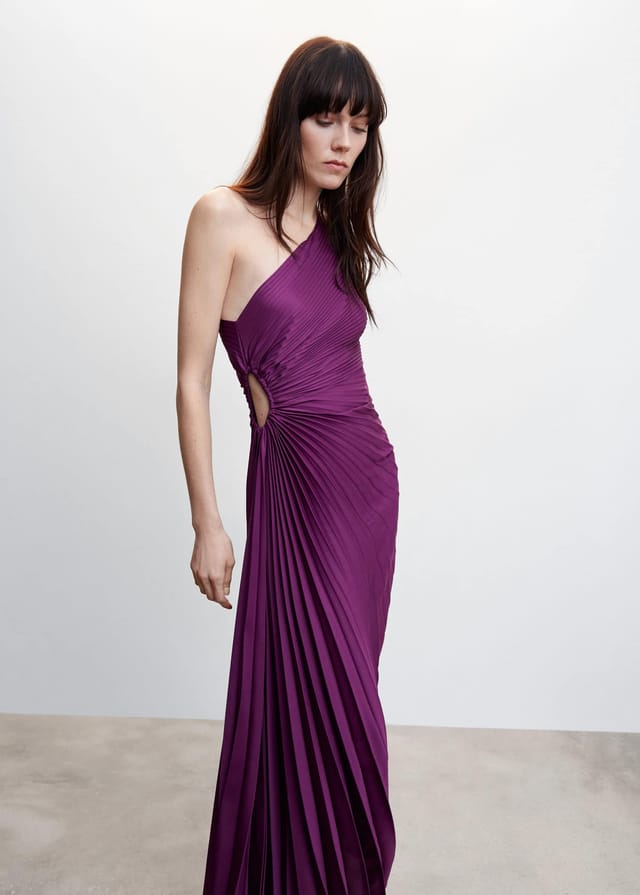 Side view of the purple Inka one-shoulder pleated maxi dress on model