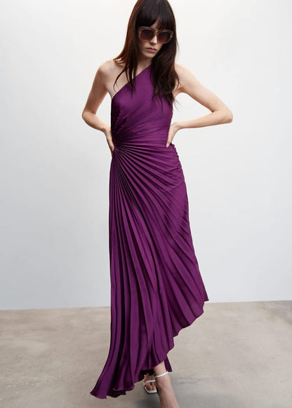 Purple Inka pleated maxi dress with one-shoulder neckline, front-facing