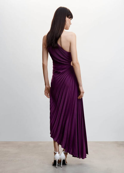 Back of the purple Inka one-shoulder pleated maxi dress with long hem