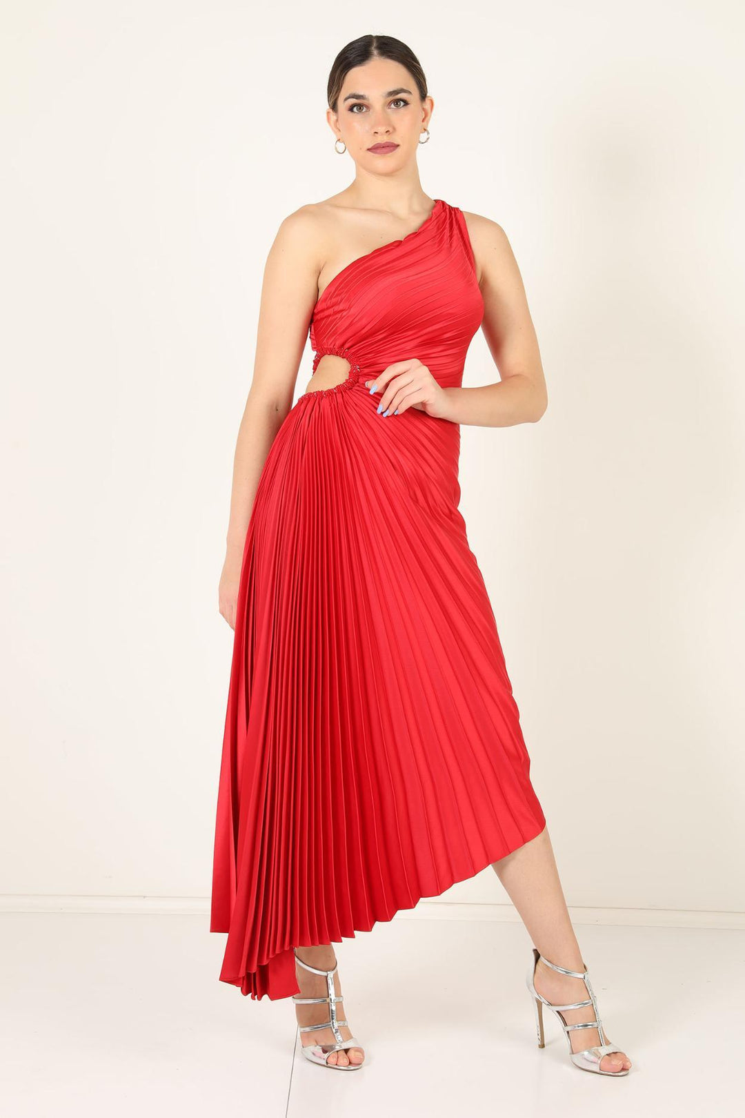 Inka red one-shoulder pleated maxi dress with cut-out waist, front view
