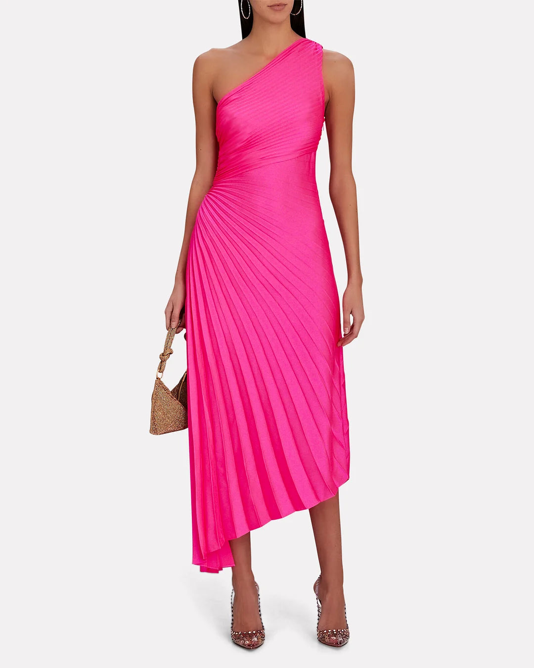 Inka pleated maxi dress in rose red with asymmetric hem, front view