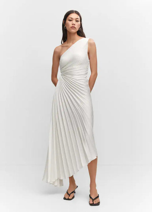 Inka women's one-shoulder pleated maxi dress in white, studio front view