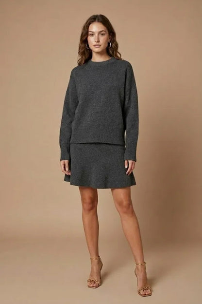 Carmina women's two-piece knit sweater and mini skirt set in gray, front view