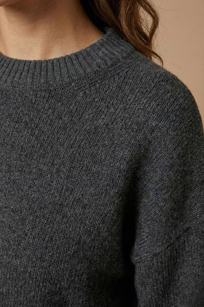 Carmina women's knit set in gray, close-up detail of ribbed crew neckline