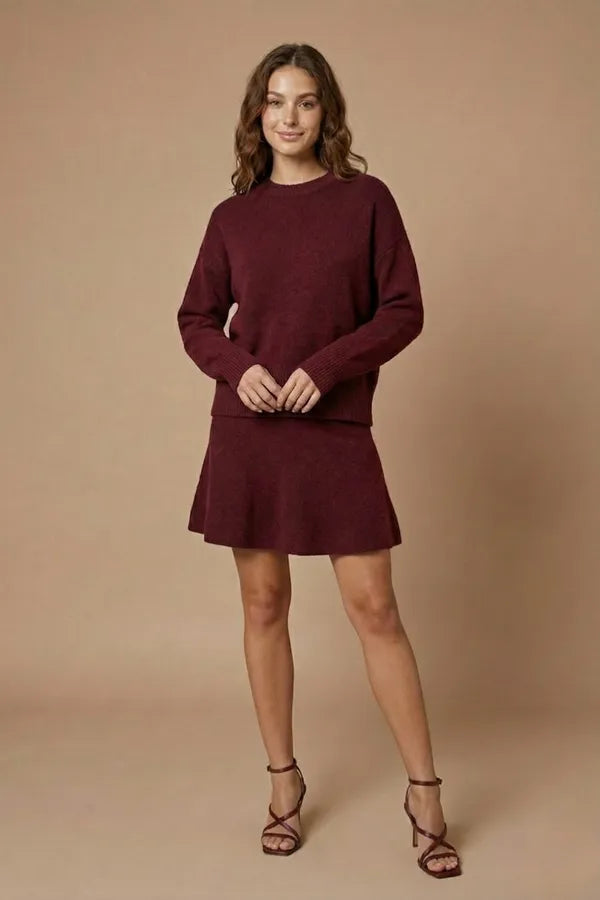 Carmina women's two-piece knit sweater and mini skirt set in wine red, front
