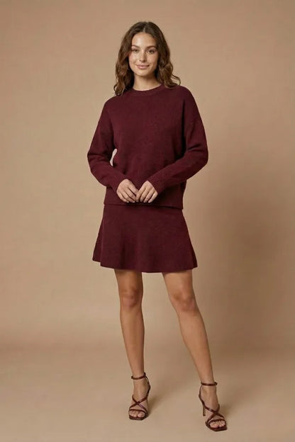 Carmina women's two-piece knit sweater and mini skirt set in wine red, front
