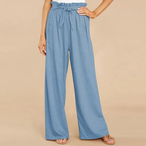 Fleur Women's Paperbag Waist Palazzo Pants in blue, front view on model