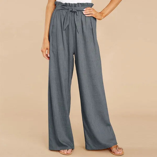 Fleur Women's Paperbag Waist Palazzo Pants in gray, front view on model