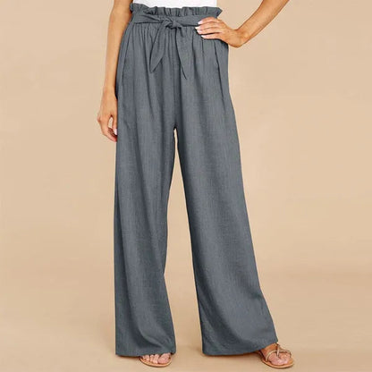 Fleur Women's Paperbag Waist Palazzo Pants in gray, front view on model