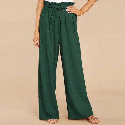 Fleur Women's Paperbag Waist Palazzo Pants in green, front view on model