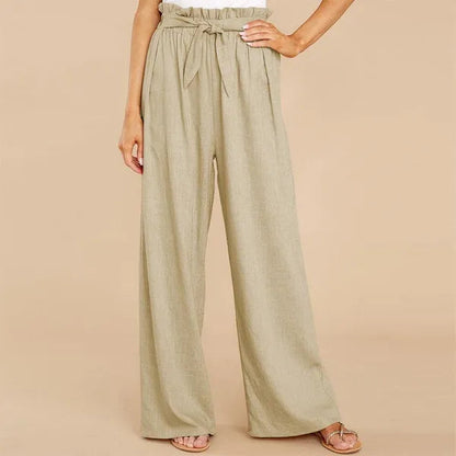 Fleur Women's Paperbag Waist Palazzo Pants in khaki, front view on model