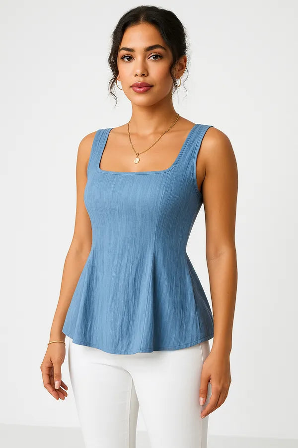 Dominika Women's Peplum Sleeveless Top in blue, studio front view with square neckline
