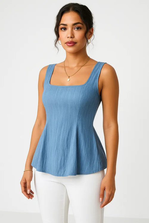 Dominika Women's Peplum Sleeveless Top in blue, studio front view with square neckline