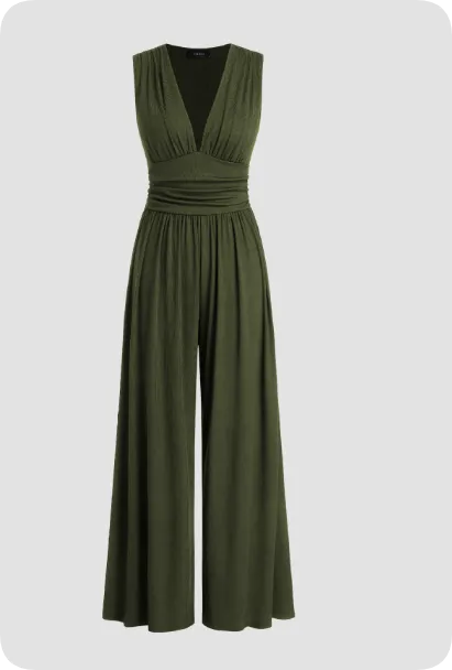 Army green Claire women's pleated bodice wide-leg jumpsuit, flat front view