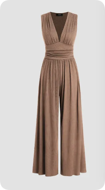 Beige Claire women's pleated bodice wide-leg jumpsuit, flat lay front view