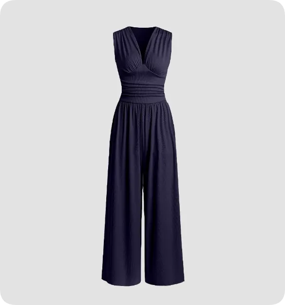 Black Claire women's pleated bodice wide-leg jumpsuit shown flat from the front