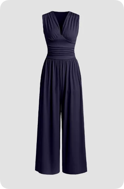 Navy blue Claire women's pleated bodice wide-leg jumpsuit shown flat, front