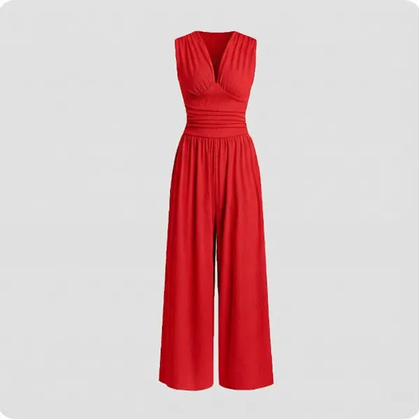 Claire women's pleated bodice wide-leg jumpsuit in red, flat front product view