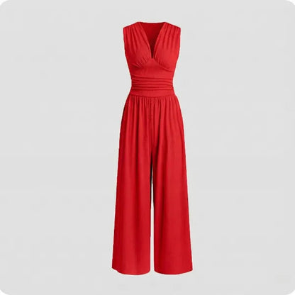 Claire women's pleated bodice wide-leg jumpsuit in red, flat front product view