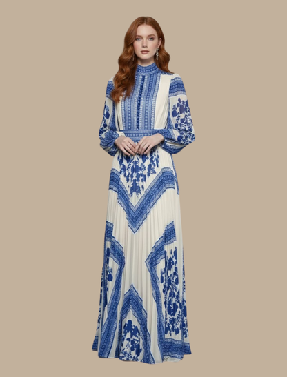 Amarys women's pleated maxi dress in blue print, full front view on model