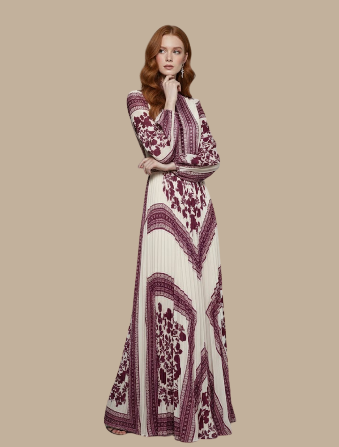 Amarys pleated maxi dress in red bandana print, three-quarter front view