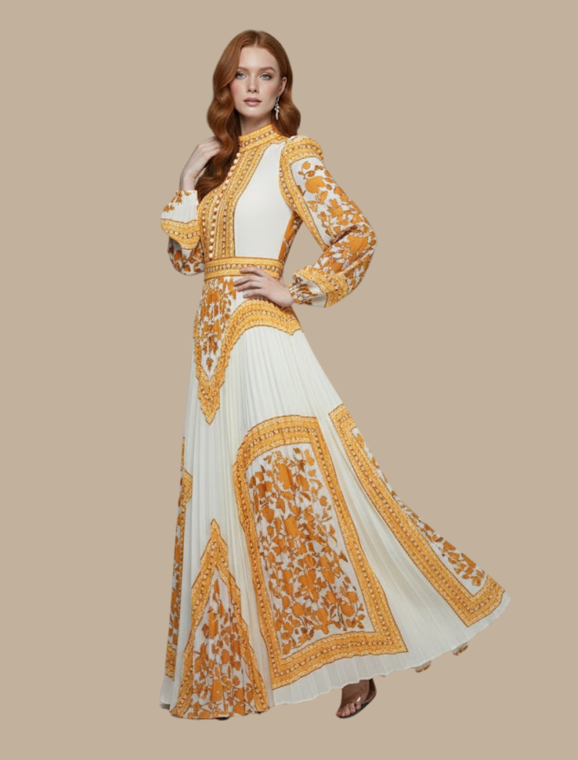 Amarys pleated maxi dress in yellow print with long sleeves, front view