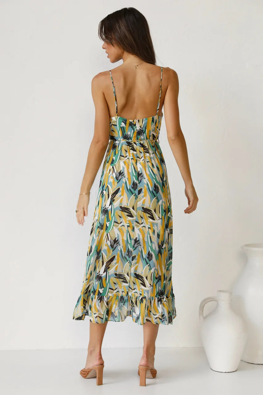 Green Women's Pleated Midi Dress - Marilou, back view of the printed strappy sundress